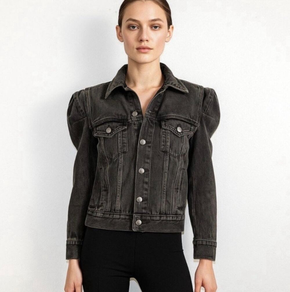 Frame Rosette Puff Sleeve Denim Jacket in Black Ozone Wash Size Small